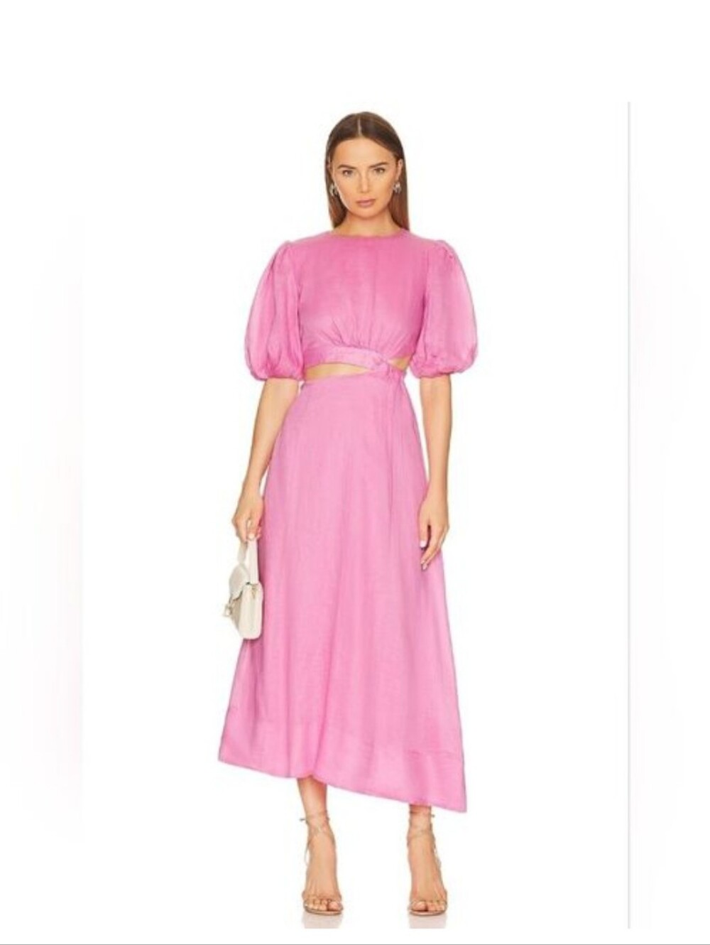 Bardot Peony Pink Midi Linen Dress with High Waist